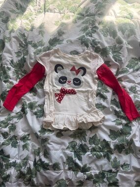 Toughskins Cream Long Sleeve Top with Red Sleeves and Panda Motif